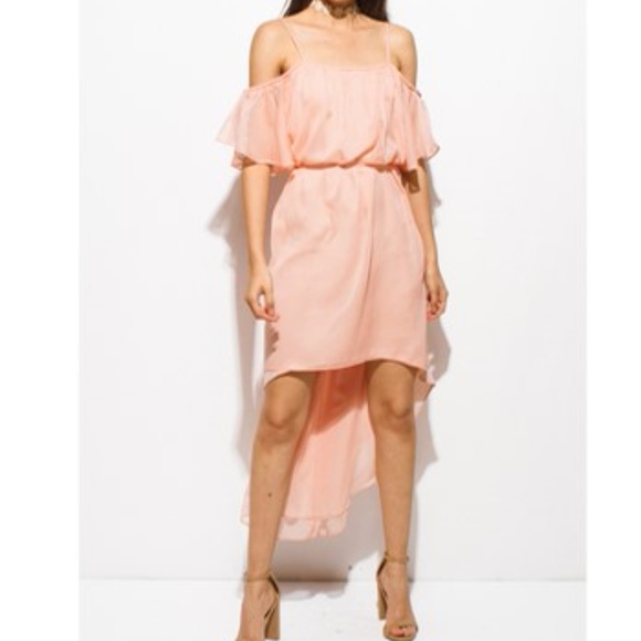 Coral Pink Cold Shoulder High Low Party Sun Dress - Picture 3 of 7